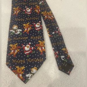Happy Holidays Neck Tie with Santa, Snowman and Reindeer on it. Merry Christmas